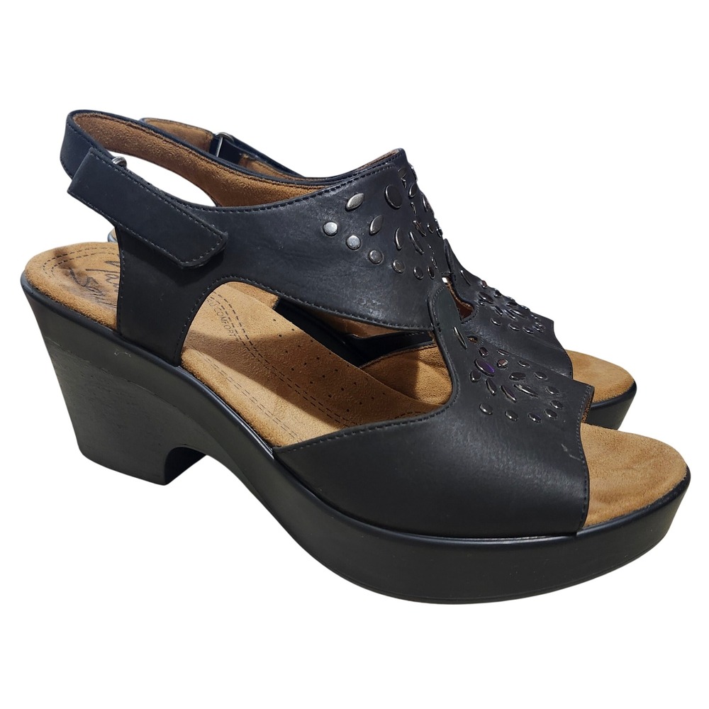 Natural Soul Wedge Sandals Women 8 Black Studded Platform Slingback Comfort Boho